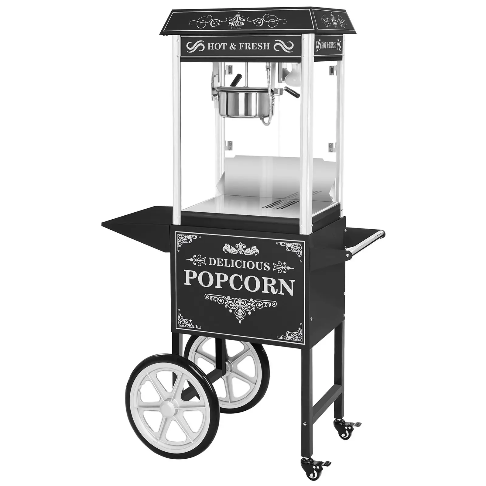 Stroj na popcorn s vozíkom - retro design - čierny