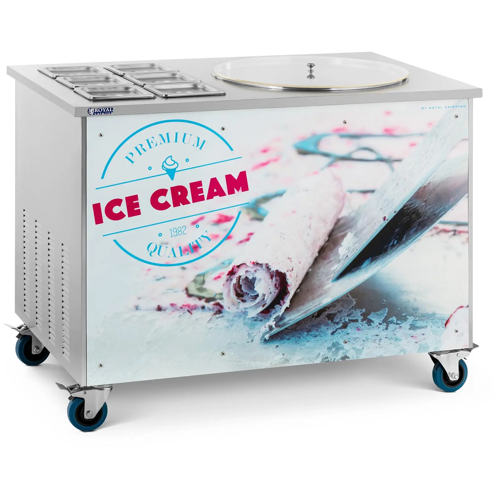 Stroj na rolovanú zmrzlinu - na thajskú zmrzlinu - Ø 50 x 2,5 cm - 6 nádob s vrchnákom
