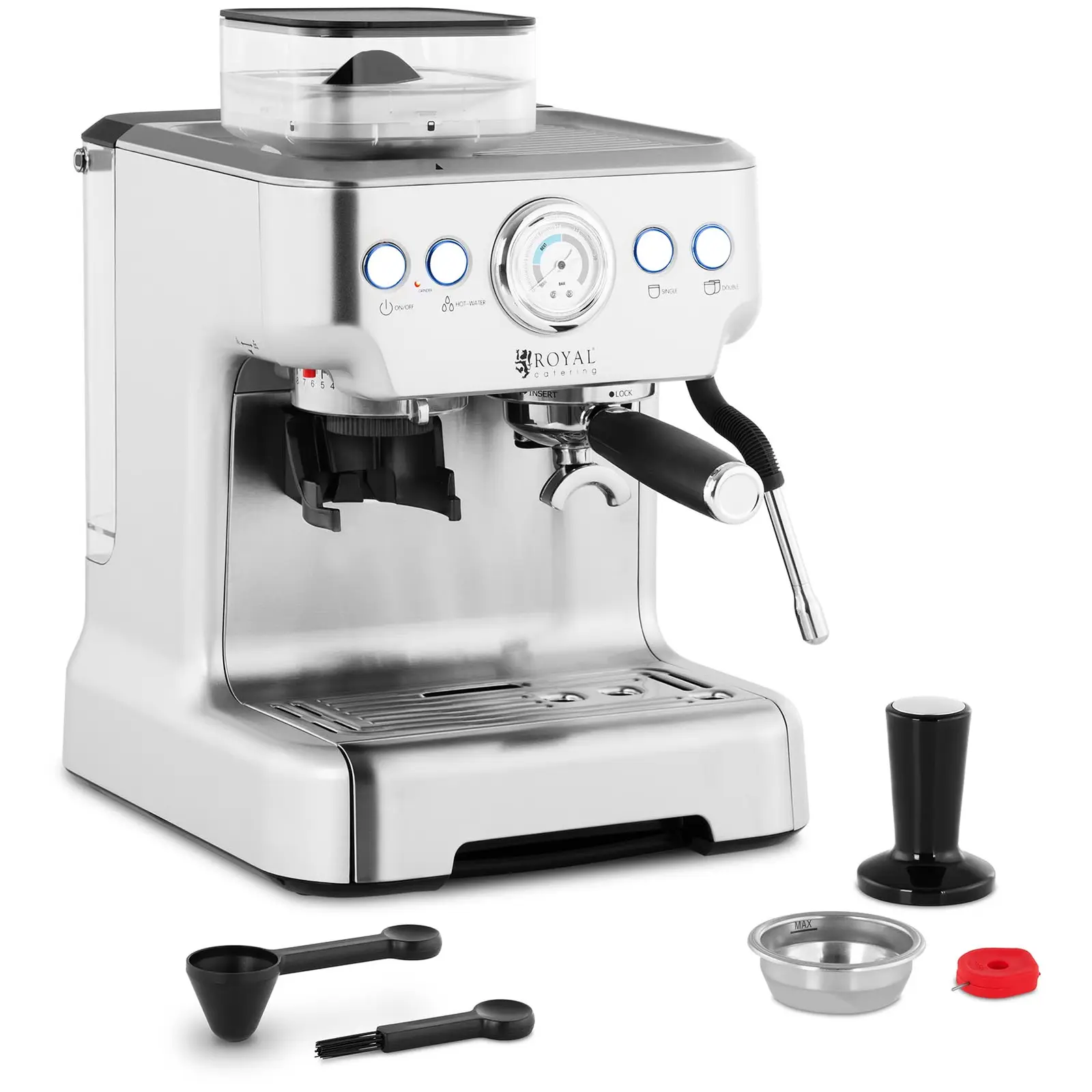 Stainless steel Portafilter Espresso Machine - 1 group - with built-in grinder and milk frother