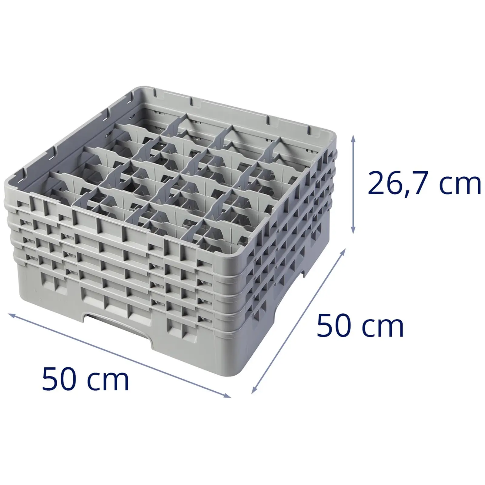 Opvaskekurv til glas til industriopvaskemaskine - 16 rum - 50 x 50 x 26,7 cm - glashøjde: 21,5 cm